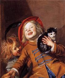 Laughing Children with a Cat - Юдит Лейстер