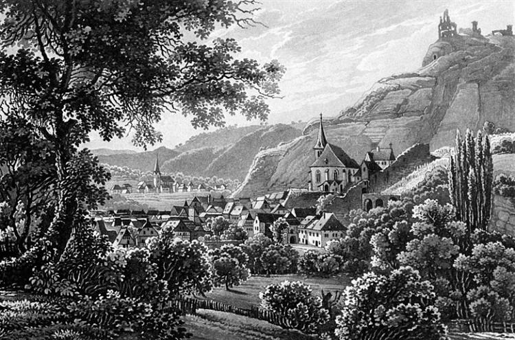 The town Traben Trarbach and the Grevenburg on the Moselle River in Germany, 1841 - Карл Бодмер