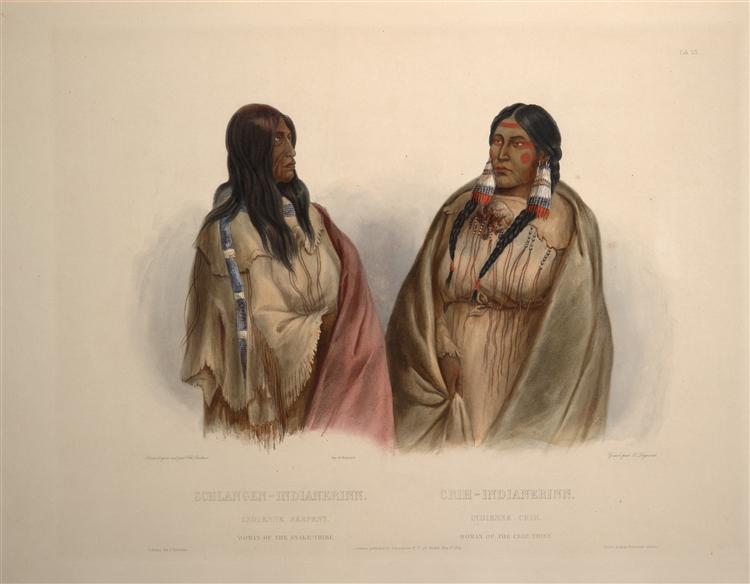 Woman of the Snake tribe and woman of the Cree tribe, plate 33  from Volume 1 of 'Travels in the Interior of North America', 1832 - Карл Бодмер