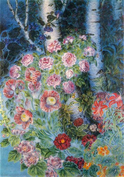 Квіти і берези ввечері, 1950 - Катерина Білокур