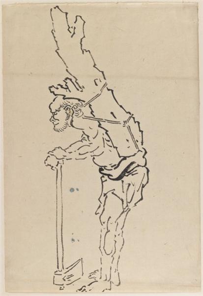 Замальвка чоловіка, що несе колоду і зупився відпочити, спершись на сокиру - Кацусіка Хокусай