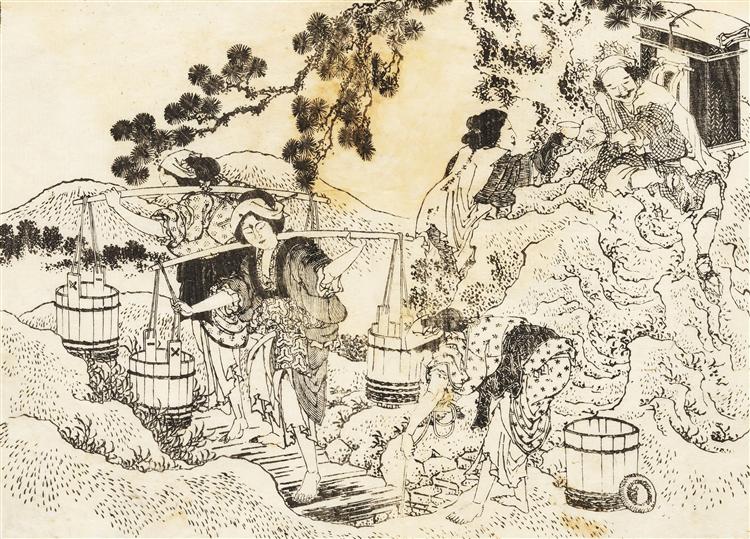 Four women working very hard and carrying vats of water - Katsushika Hokusai