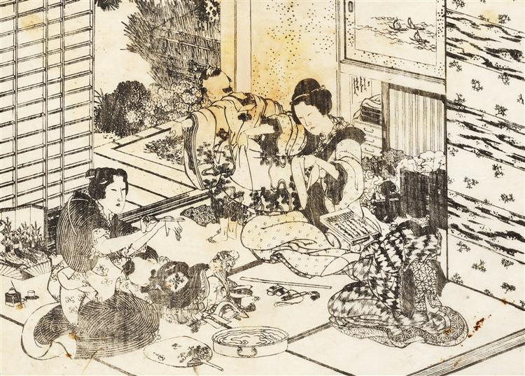 Three women and two children - Katsushika Hokusai