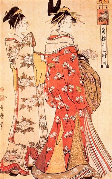 Illustration from `The Twelve Hours of the Green Houses', c.1795 (colour woodblock print) - Utamaro