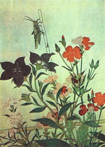 Rice Locust  Red Dragonfly  Pinks  Chinese Bell Flowers, 1788 - Utamaro