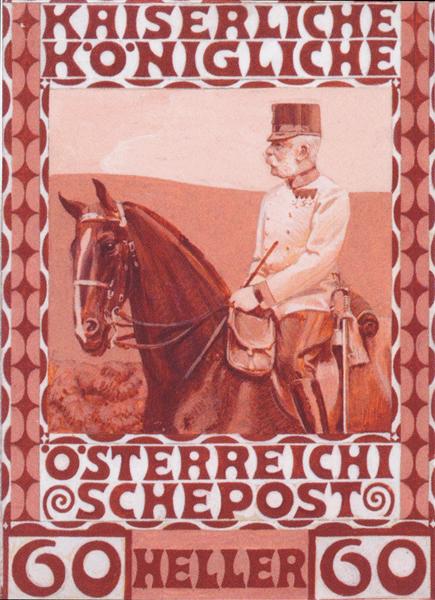 Design of the anniversary stamp with Austrian Franz Joseph I. on horseback, 1908 - Koloman Moser