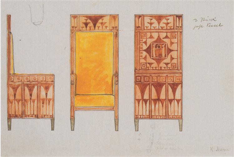 Draft drawings for the breakfast room of the apartment Eisler Terramare High Chair, 1903 - Коломан Мозер