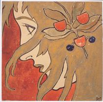Profile of a girl. Preparatory work for a decorative stain in red and green. - Koloman Moser