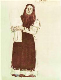 A young peasant woman in a red scarf - Константин Юон