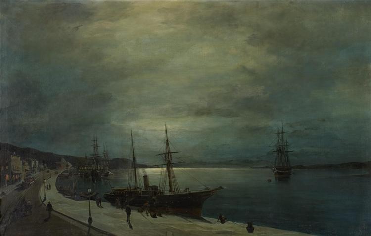 Moonlit harbour - Konstantinos Volanakis