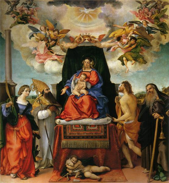 Enthroned Madonna with Angels and Saints, St. Catherine of Alexandria and St. Augustine on the left,  St. Sebastian and St. Anthony the Abbot on the right, 1521 - Lorenzo Lotto