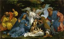 La Sainte Famille, avec trois anges, le petit saint Jean, sainte Élisabeth et saint Zacharie - Lorenzo Lotto