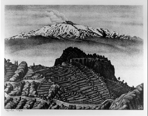 Castel Mola and Mount Etna, Sicily (December 1932), 1932 - Мауріц Корнеліс Ешер