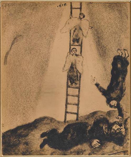 Иаков видит во сне лестницу в небо, по которой восходят и нисходят Ангелы Божии  (Бытие, XXVIII, 14), c.1956 - Марк Шагал