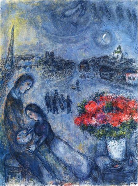 Newlyweds with Paris in the Background, 1980 - Marc Chagall