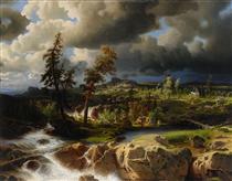 Dramatic landscape with figures and mills - Marcus Larson
