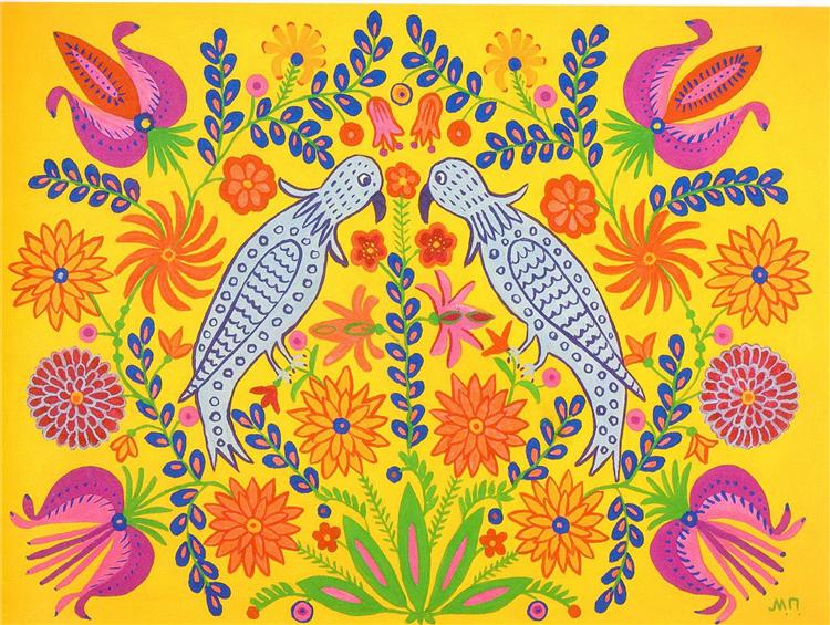 Two Parrots Took a Walk Together in Spring, 1980 - Maria Primachenko