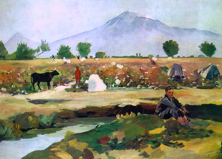 Picking cotton in the Ararat valley, 1949 - Martiros Sarjan