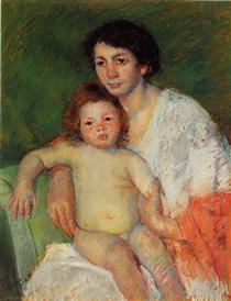 Оголена дитина на колінах матері, спираючись рукою на спинку крісла - Мері Кассат