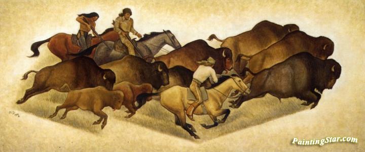 Running Buffalo with Hunters. Sketch for a Mural, 1939 - Мейнард Діксон