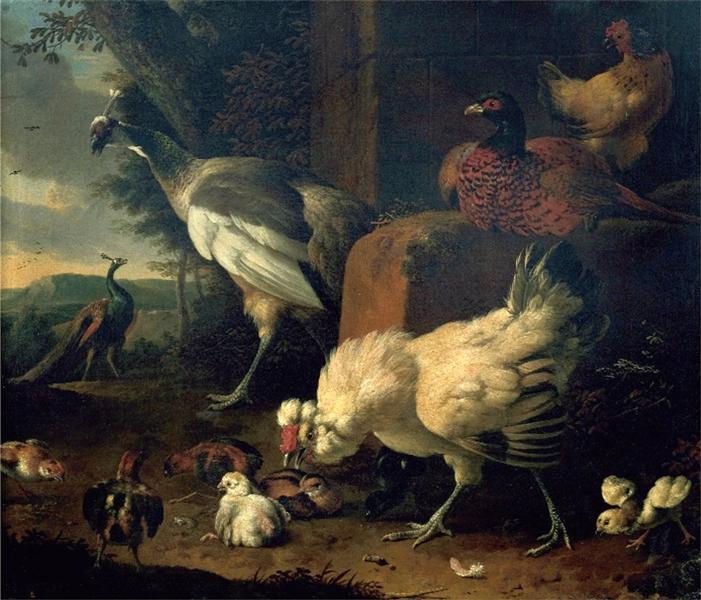 Domestic fowl with a pheasant and peacocks - Мельхіор де Хондекутер