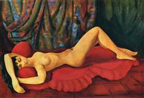 Large nude Josan on red couch - Moise Kisling