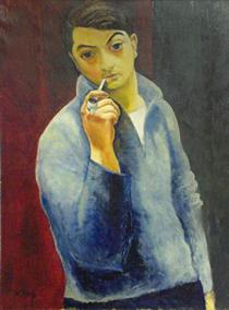 Self portrait with a pipe - Moise Kisling