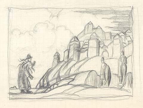 Sketch with woman in front of city walls, c.1915 - Nicolas Roerich