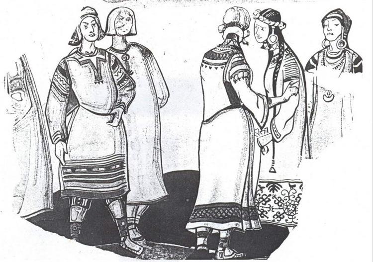 The scene with five figures in costumes - Николай  Рерих