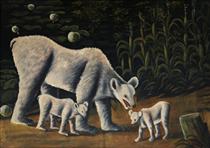 White bear with her cubs (in cornfield) - Niko Pirosmani