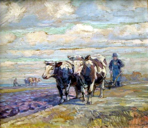 Nice landscape with Ox and farmer, 1930 - Nikolay Bogdanov-Belsky