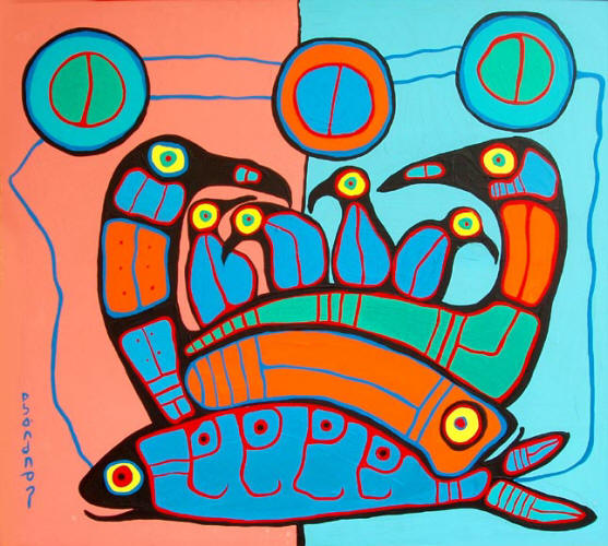 Bird Family with Fish - Norval Morrisseau