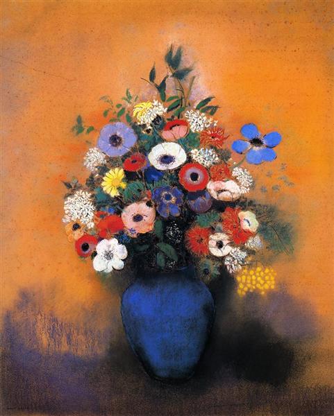 Mimosas, Anemonies and Leaves in a Blue Vase, c.1915 - Odilon Redon