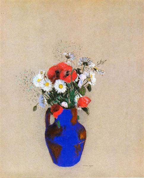 Poppies and Daisies in a Blue Vase - Odilon Redon