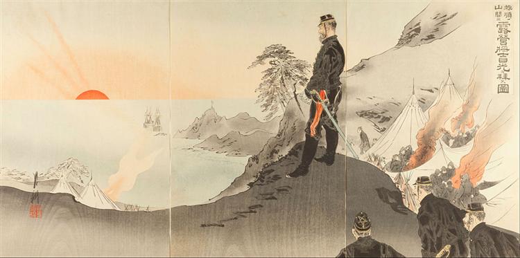 Picture of Officers and Men Worshiping the Rising Sun While Encamped in the Mountains of Port Arthur, 1894 - 尾形月耕