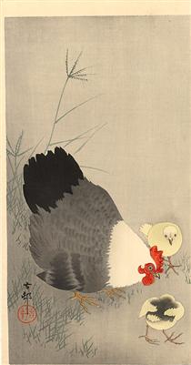 Hen and two chicks in grass - 小原古邨