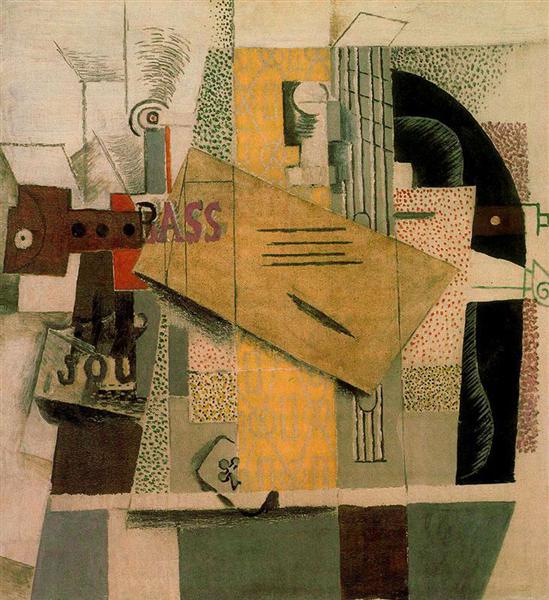 Clarinet, bottle of bass, newspaper, ace of clubs, 1913 - Pablo Picasso
