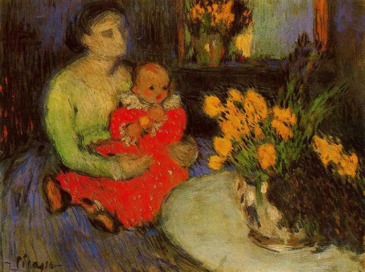 Mother and child behind the bouquet of flowers, 1901 - Pablo Picasso