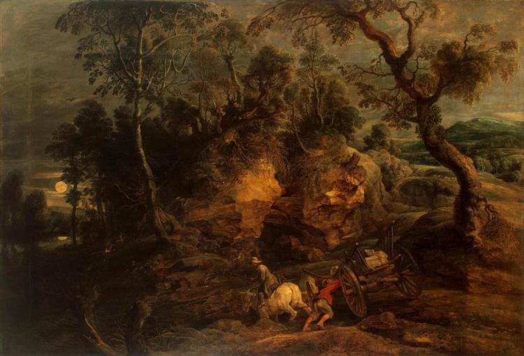 Пейзаж с возчиками камней, c.1620 - Питер Пауль Рубенс