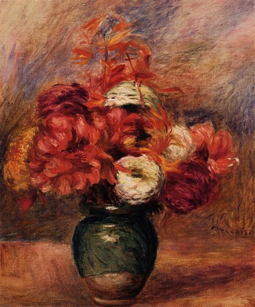 Flowers in a Green Vase Dahlilas and Asters, c.1910 - Pierre-Auguste Renoir