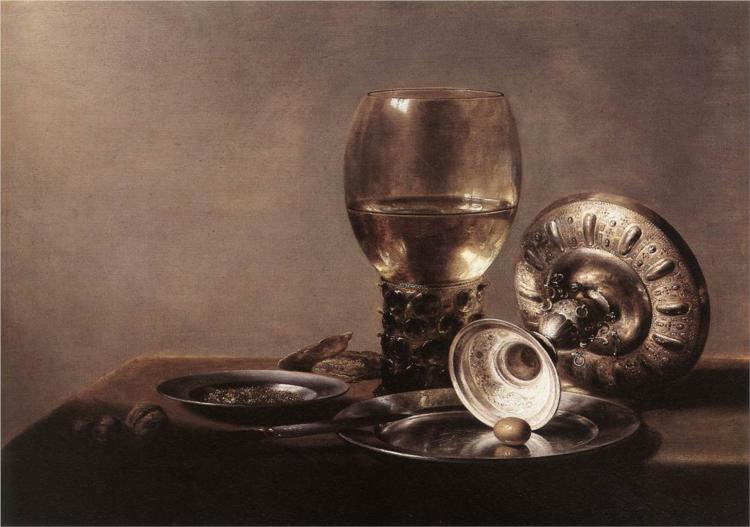 Nature morte au verre de vin et plat d'argent, 1635 - Pieter Claesz