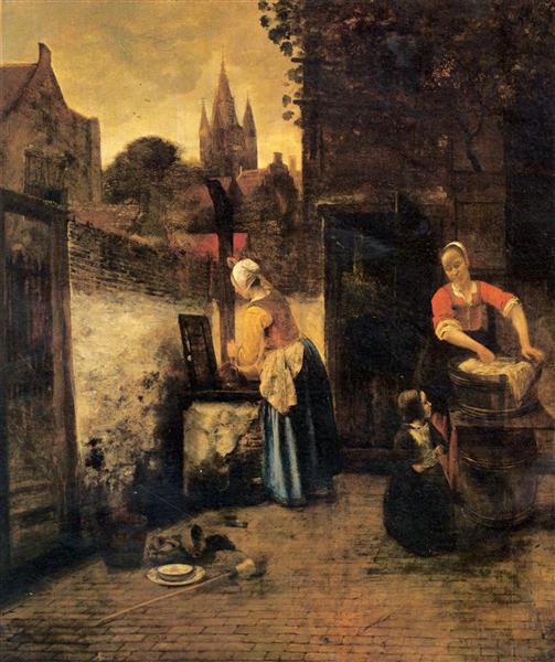 Deux femmes et un enfant dans une cour, c.1657 - Pieter de Hooch