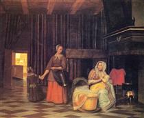 Woman with infant, serving maid with child - Pieter de Hooch