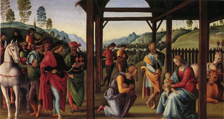Altarpolyptychon, Predellatafel scene: Adoration of the Magi, 1496 - Pietro Perugino