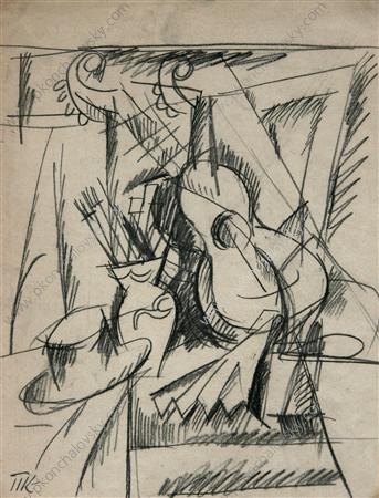 Sketch a still life with guitar, 1917 - Петро Кончаловський