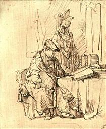 A Man Seated at a Table Covered with Books - Rembrandt