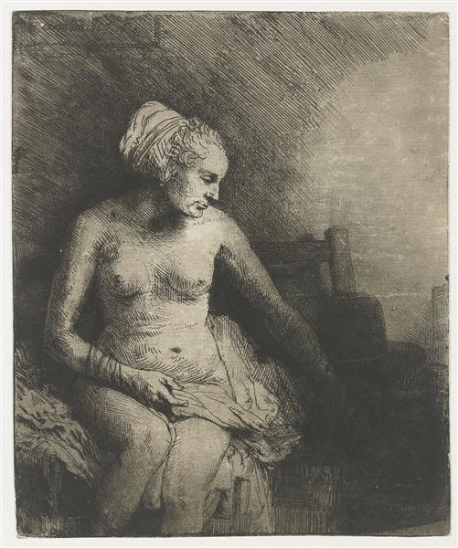 A woman at the bath with a hat beside her, 1658 - Rembrandt van Rijn