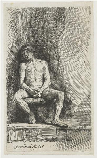 Nude man seated before a curtain, 1646 - Rembrandt van Rijn