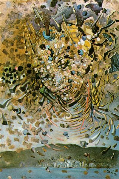 Head Bombarded with Grains of Wheat (Particle Head Over the Village of Cadaques), 1954 - Salvador Dali