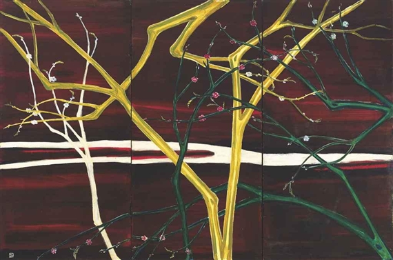Pink Plum Blossoms & Green Branches - a three-folded screen, 1963 - 常玉